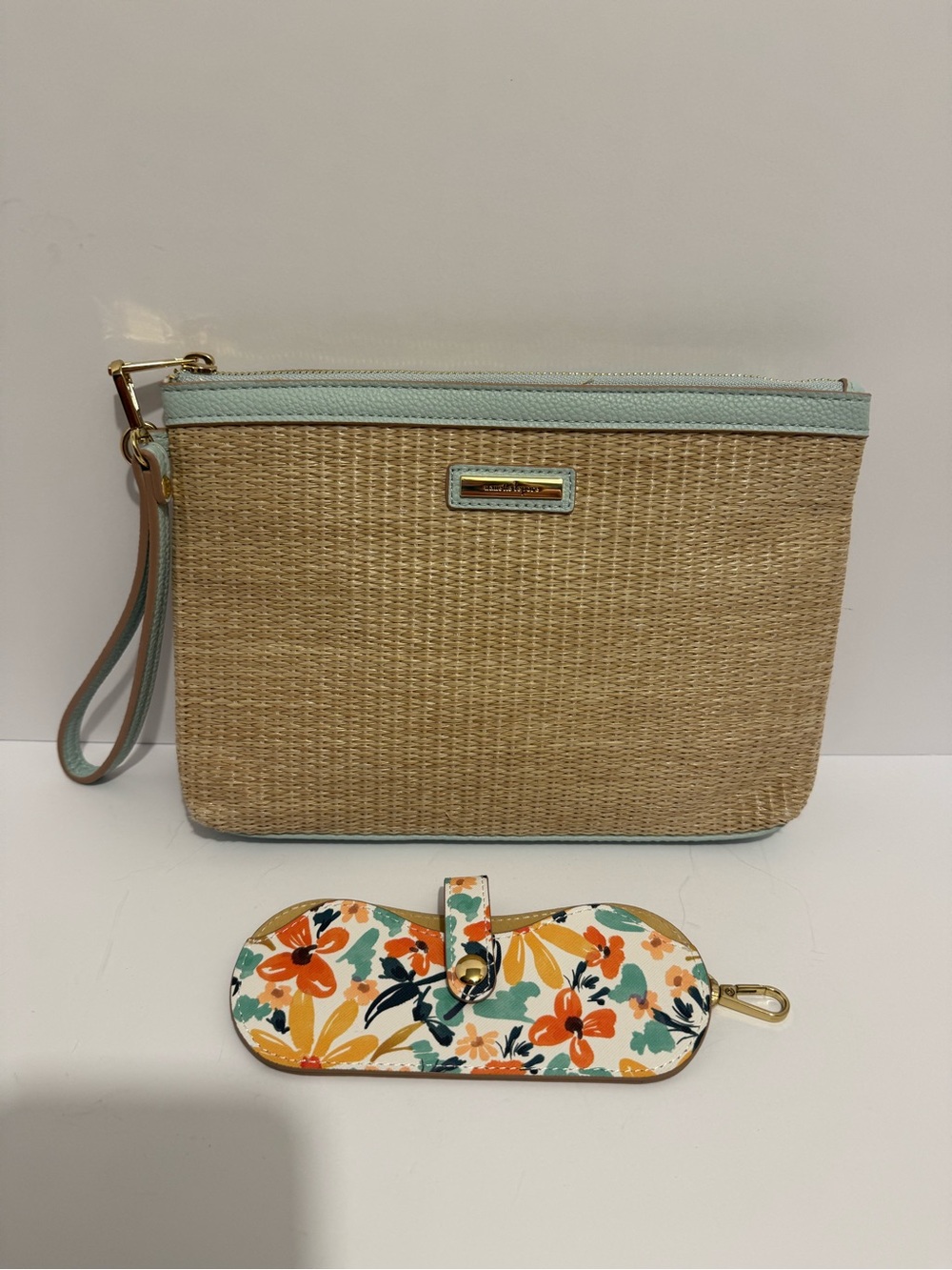 Nanette Lepore Woven Straw Wristlet Clutch with matching floral glasses case